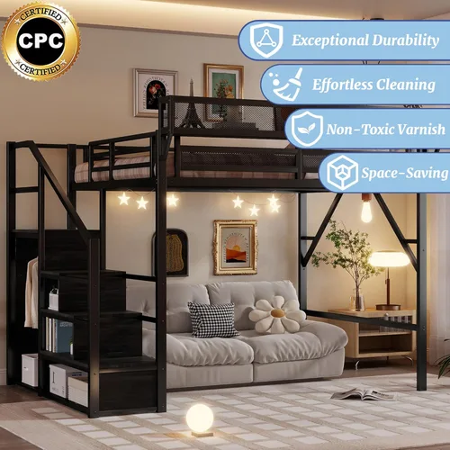 Miniatura 3 de Base de cama Queen Loft con escaleras y almacenamiento, marco de cama de metal resistente, capacidad de 800 libras, para adultos y adolescentes