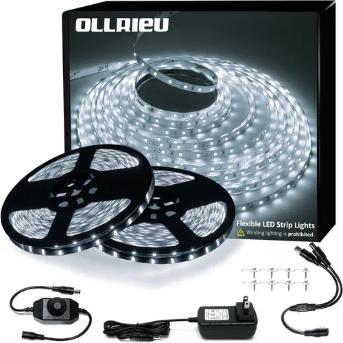 Miniatura 10 de Tira de luces LED blancas de 10 pies, cinta regulable de 12 V con control remoto infrarrojo, luz de cinta adhesiva SMD 2835, conectable, cortable
