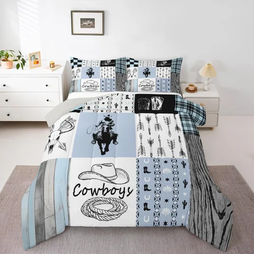 Miniatura 25 de Juego de edredón de vaquero, tamaño King, juego de ropa de cama de herradura con estrellas del oeste de Texas para adultos, hombres y niños, ropa