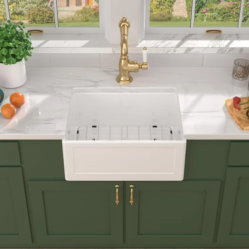 Miniatura 2 de Fregadero blanco de granja – Delantal de fregadero de arcilla refractaria de 24 pulgadas, estilo campestre, fregaderos de porcelana para granja, 24