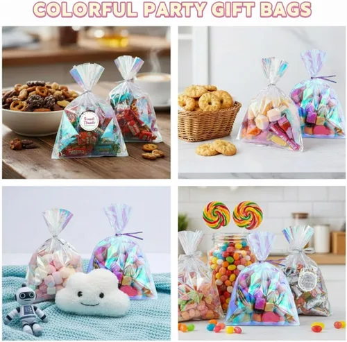 Miniatura 6 de Shappy 120 bolsas de celofán iridiscentes, pequeñas bolsas holográficas con lazos giratorios, envoltura de regalo iridiscente para boda, cumpleaños