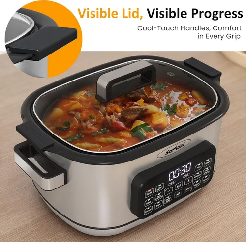 Miniatura 9 de Sunvivi Horno Asador de Cocción Lenta Multi 12 en 1, 6.5QT Plateado Digital Programable con Rejilla, Recipiente Antiadherente Grande Extraíble, Tapa
