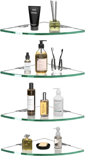 Miniatura 10 de Organizador de ducha de cristal esquinero, paquete de 2 estantes de vidrio templado de 0.315 in de grosor, sin perforaciones, montaje en pared