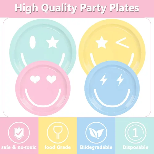 Miniatura 4 de 199 piezas de decoración de cumpleaños con cara sonriente y juego de platos temáticos y servilletas con temática de pastel sonriente, globo