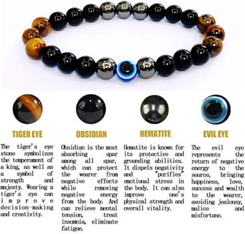 Miniatura 84 de Pulseras de triple protección con piedra de ojo de tigre de obsidiana negra con hematita para hombres y mujeres, pulsera de piedra curativa
