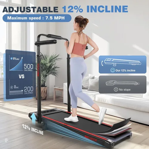 Miniatura 4 de ANCHEER Cinta de correr con inclinación del 12%/15%, almohadilla plegable con barra de asa, capacidad de 320-450 libras debajo del escritorio, Rojo