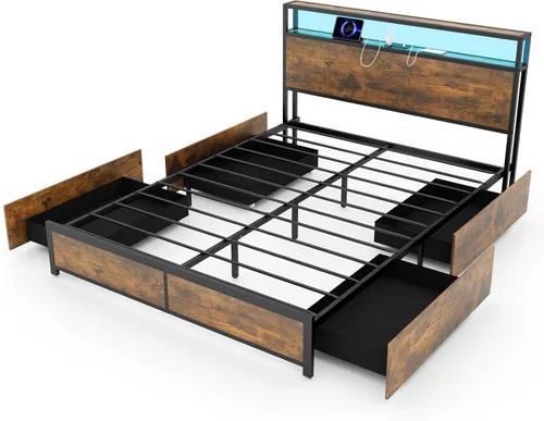 Miniatura 9 de Giantex Base de cama Queen con cabecero de luces LED y 4 cajones de almacenamiento, plataforma de metal con enchufes y puertos USB, estación
