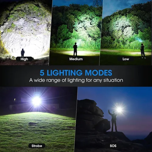 Miniatura 4 de Linterna recargable de 99,000 lúmenes de alta luminosidad - Pack de 2 luces LED brillantes con 5 modos, potente linterna impermeable de mano