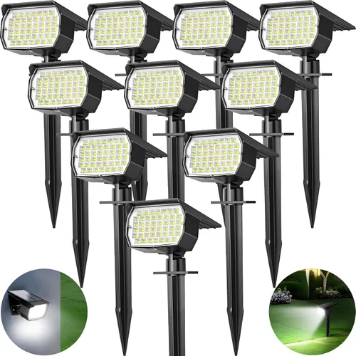 Tadyreal Luces Solares de Foco para Exteriores Paquete de 10, [46 LED/3 Modos] Focos Solares para Paisajismo Impermeables, 2-en-1 Encendido/Apagado