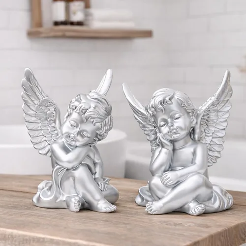 Miniatura 8 de OwMell - Juego de 2 figuras de estatua de ángeles querubines de resina, decoración para el hogar interior, adorable estatua de ángel de escultura