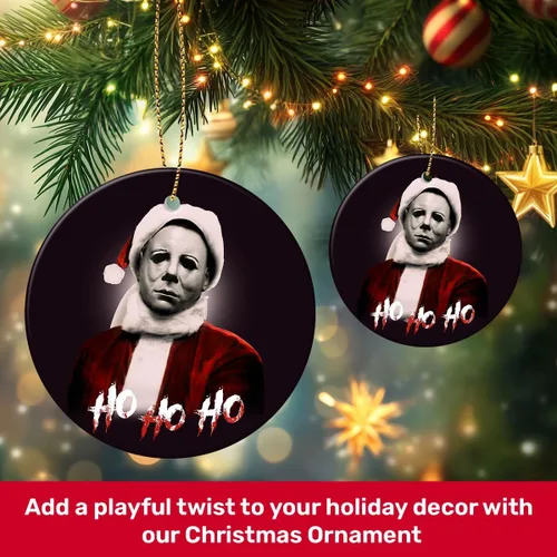 Miniatura 7 de Adornos Colgantes de Navidad Ho-Ho-Ho de 2 Lados Impresos 2025, Regalos de Terror de Navidad para Amantes de las Películas, Adorno de Cerámica