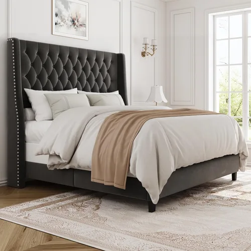 Miniatura 8 de Base de cama tamaño Queen con cabecera de 140 cm de altura, somier tapizado, tela suave, cabecera acolchada con botones y respaldo, cama con Beige