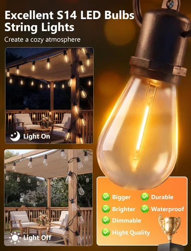 Miniatura 4 de 50FT LED Outdoor String Lights Waterproof with 27 Edison Vintage Shatterproof Bulbs, Hanging Commercial Grade Outdoor Patio Lights for Backyard