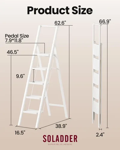 Miniatura 7 de SOLADDER Escalera de 5 escalones, taburete plegable, escalera de hierro plegable blanca para techo de 10 pies de alto con pedal ancho antideslizante