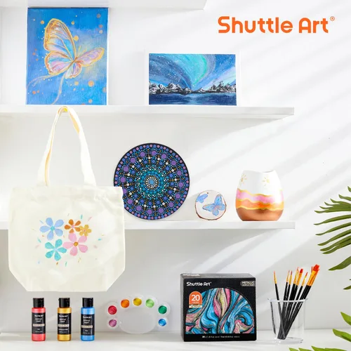 Miniatura 7 de Shuttle Art Juego de pintura acrílica metálica, 20 colores de pintura metálica en botellas (60 ml, 2 oz) con 10 pinceles y 1 paleta, pigmentos