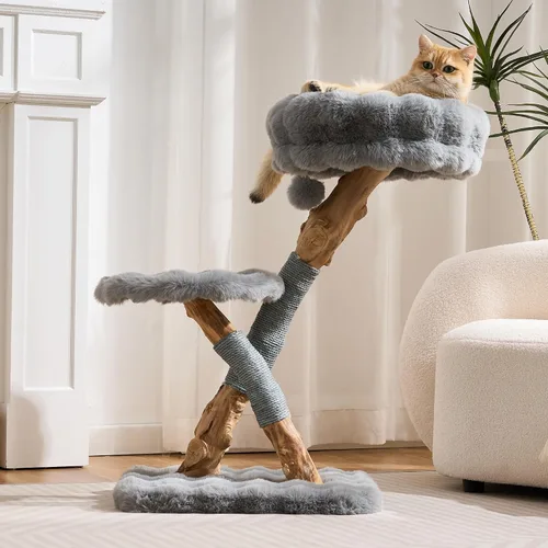 Miniatura 2 de Árbol para gatos de madera natural para gatos adultos de interior, torre de gatos moderna de 33 pulgadas con cama de felpa súper suave y percha
