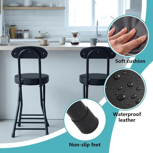 Miniatura 6 de Taburete plegable, taburete de bar plegable acolchado acolchado, 18 pulgadas de altura negra, taburete portátil resistente con capacidad de 300