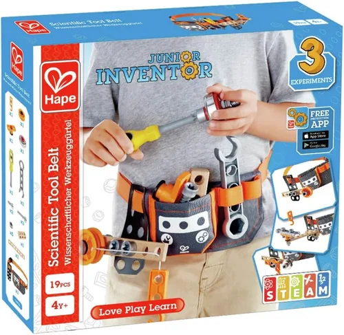 Miniatura 6 de Hape Junior Inventor Scientific - Cinturón de herramientas 19 piezas de componentes utilitarios STEAM cinturón de almacenamiento de herramientas
