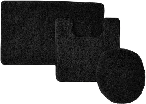 Empire Home Juego de baño de 3 piezas de colores sólidos, tapete de baño + alfombra de contorno + cubierta de tapa de inodoro, alfombra suave (negro)