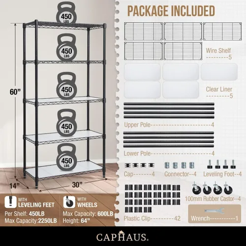 Miniatura 3 de CAPHAUS NSF - Estantería de grado comercial de alta resistencia con ruedas, pies niveladores y forros, estante de metal, para almacenamiento