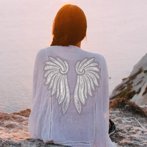 Miniatura 7 de Sew on Wing Patches Embroidery Appliques for Clothing and Jackets, 1 Pair Light Silver Sequin Decorative DIY Costume Embellishments for Women