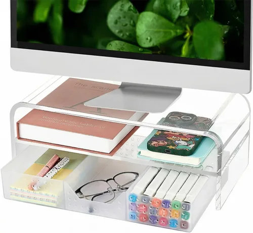 Miniatura 16 de OPNICE Soporte elevador de monitor doble con cajón y 2 soportes para bolígrafos, organizador de escritorio para suministros de oficina, soporte