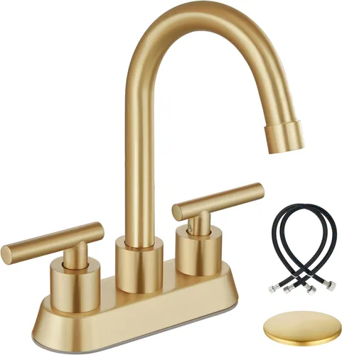 Airuida Grifo de Lavabo de Baño Centerset de 4 Pulgadas – Grifo de Tocador de Acero Inoxidable de 2 Manijas con Desagüe Pop Up, Líneas de Suministro