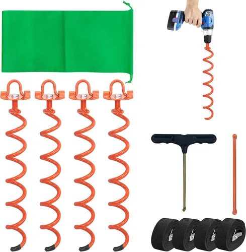 MIXXIDEA Anclajes de Tierra de 17.5 Pulgadas, Kit de Anclajes de Tierra en Espiral de Metal, Ancla de Tierra con Tornillo de Alta Resistencia,