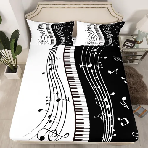 Miniatura 15 de Juego de sábana bajera ajustable para niños con diseño de guitarra eléctrica, estilo retro, diseño de notas musicales, decoración de habitación