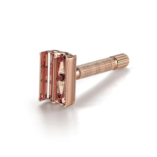 Miniatura 3 de VIKINGS BLADE Maquinilla de afeitar de seguridad para mujer + 5 cuchillas de acero suecas. Cabezal de liberación rápida, doble filo. Suave, Oro rosa