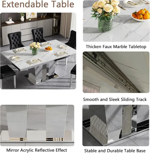 Miniatura 6 de Juego de mesa de comedor de mármol sintético blanco para 10, juego de mesa de comedor extensible de 11 piezas de 63 a 94 pulgadas con 10 sillas