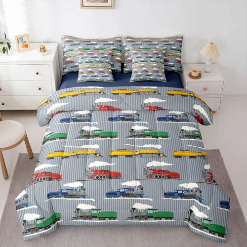 Miniatura 26 de Feelyou Juego de edredón de tren vintage de 7 piezas, diseño retro de motor de vapor para niños y niñas, juego de ropa de cama retro de tren