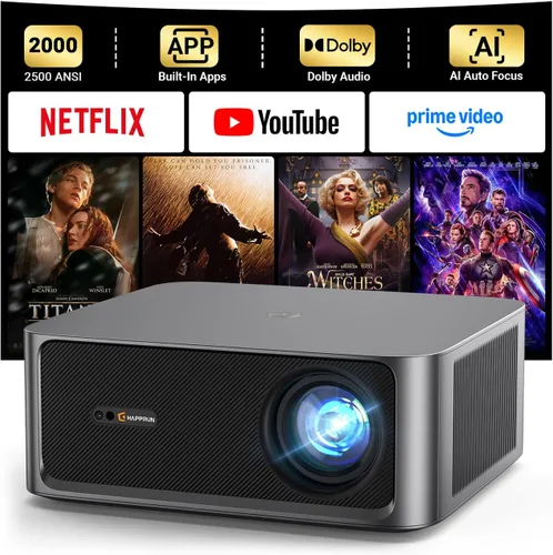 HAPPRUN Proyector para exteriores de 2500 lúmenes ANSI con aplicaciones de transmisión integradas, resolución de decodificación 4K, audio Dolby