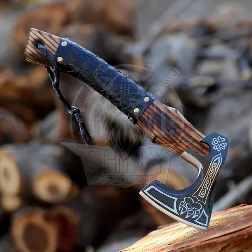 Hacha vikinga decorativa - Regalo único para papá Hoja de acero al carbono con mango de cuero perfecto para bushcraft o exhibición (SCA-16)