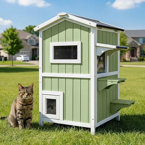 Miniatura 11 de Casa cálida aislada para gatos de 2 pisos, refugio resistente a la intemperie para gatos con 2 plataformas, capas térmicas, 2 puertas de escape