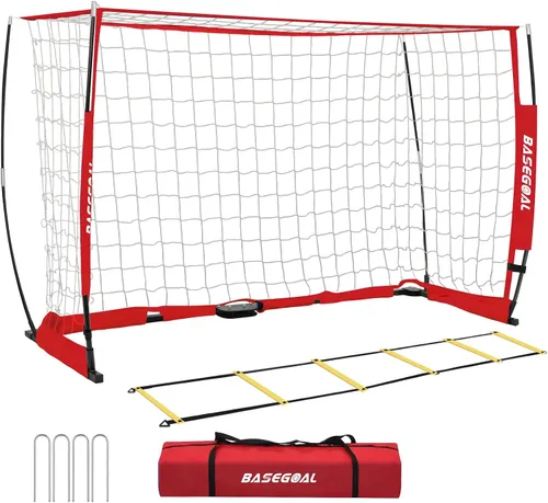 BaseGoal Portería de Fútbol, Red de Fútbol, Porterías de Fútbol para Patio Trasero, con Marco de Lazo, Base Metálica Plegable y Escalera de Agilidad