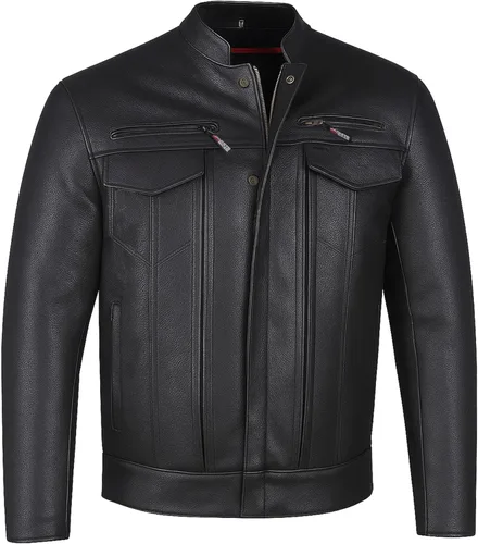 COMMUTER - Chaqueta de motocicleta para hombre, piel de búfalo premium, armadura CE, bolsillos utilitarios, Street Cruiser Motorbike Biker Negro,