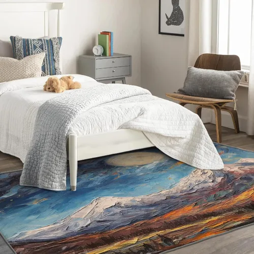Miniatura 2 de Alfombra de área de sol de montaña de 3 x 5 pulgadas, alfombra de pintura al óleo, alfombras lavables para decoración de sala de estar y dormitorio