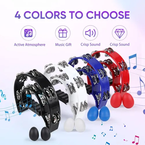 Miniatura 6 de Pandereta de Doble Fila con Cascabeles de Metal, Instrumento de Percusión de Mano en Forma de Media Luna para Adultos y Niños, Fiestas, KTV, Negro