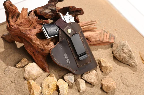 Miniatura 10 de Funda de pistola universal de cuero IWB/OWB para hombre y mujer, derecha/izquierda, funda oculta compatible con Glock 17/19/23/26/42/43X, Taurus