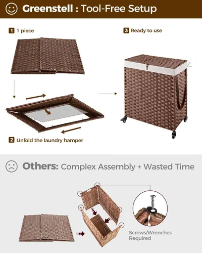 Miniatura 16 de GREENSTELL Cesta para ropa sucia con ruedas y tapa, 130 L, cesta grande de 3 secciones con 2 tipos de bolsas de forro extraíbles, 5 bolsas de malla