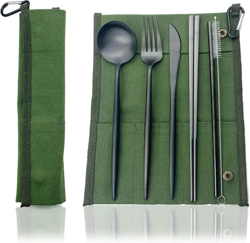 Miniatura 21 de JASHII El juego de cubiertos de viaje incluye cuchillo reutilizable, tenedor, cuchara, palillos, pajilla, utensilios ecológicos, utensilios de Azul