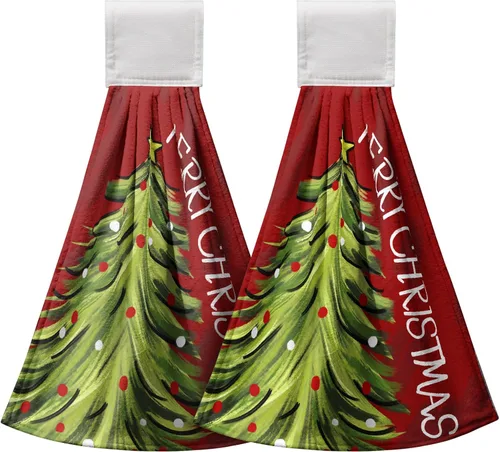 Miniatura 8 de Toallas de cocina colgantes con diseño de árbol de Navidad, color rojo y verde, toalla de mano de Navidad con lazo para colgar, toallas de cocina