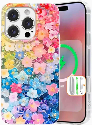 Miniatura 29 de I-MGAE-IN-AR Funda compacta para iPhone 13 Pro, diseño colorido de flores iridiscentes, protección de grado militar a prueba de golpes, funda