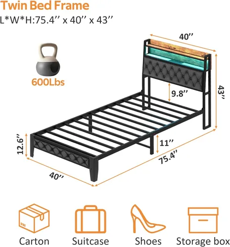 Miniatura 2 de Winkalon Base de cama LED individual con cabecero, base de cama con estación de carga, marco de cama de plataforma de metal, tamaño individual,