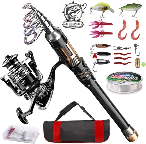 ShinePick Kit de caña de pescar, caña de pescar telescópica y carrete, kit completo con señuelos de línea, ganchos, bolsa de transporte para viajes,