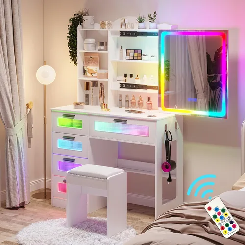Miniatura 21 de HNEBC - Mesa de tocador RGB con espejo y luces, mesa de maquillaje con espejo LED y estación de carga USB/inalámbrica, juegos de mesa de tocador