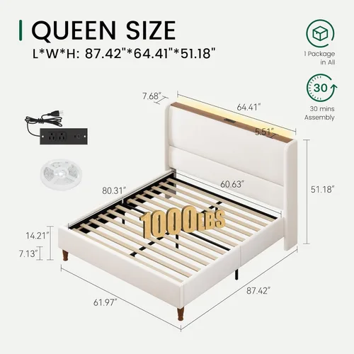 Miniatura 2 de LARMACE Base de cama tamaño Queen con luces LED y estación de carga, base de cama de plataforma tapizada de lino con cabecera de 51.2 pulgadas