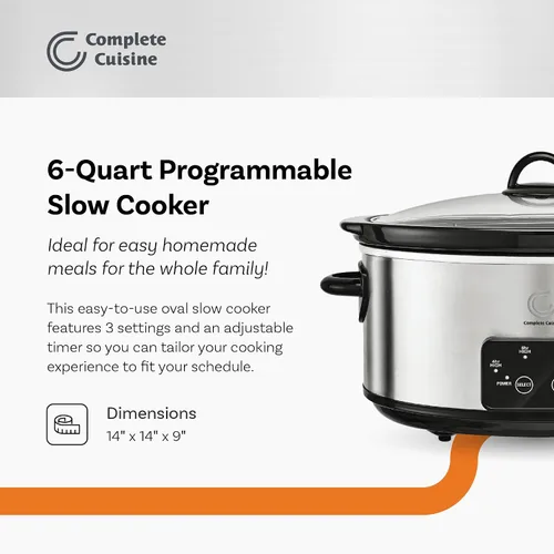 Miniatura 2 de Complete Cuisine CC-6200-SS-PG Olla de cocción lenta programable de 6 cuartos de galón, olla de cocción lenta ovalada de acero inoxidable con tapa