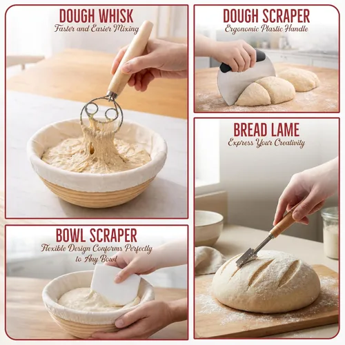 Miniatura 4 de Kit completo de iniciación de masa madre con frasco de vidrio de 25.4 fl oz, cesta redonda de 9 pulgadas a prueba de pan, suministros para hornear